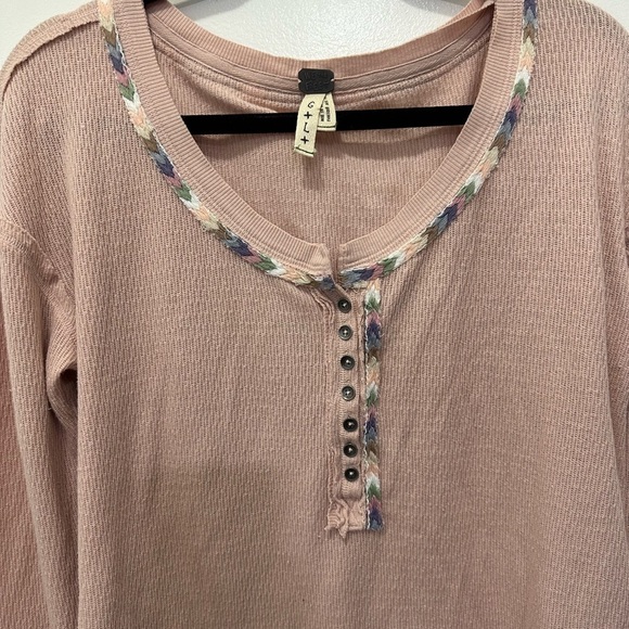 We The Free Free People Thermal Waffle Knit Embroidery Longsleeve Top Sz L - Picture 2 of 7